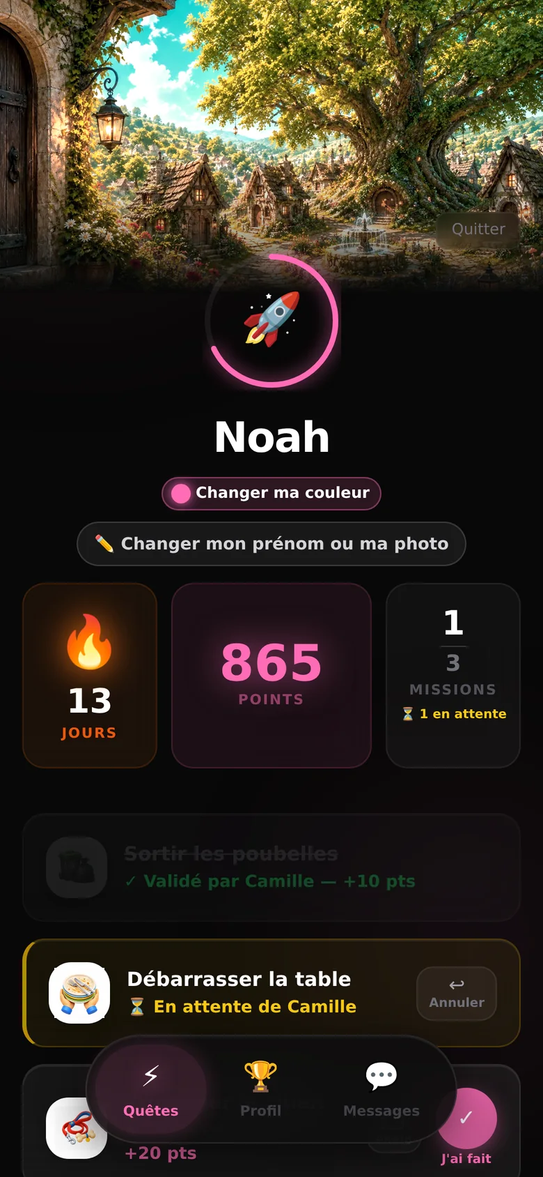 La vue Pro de Kaluno pour les collégiens : flamme, points et missions, dans une interface sobre